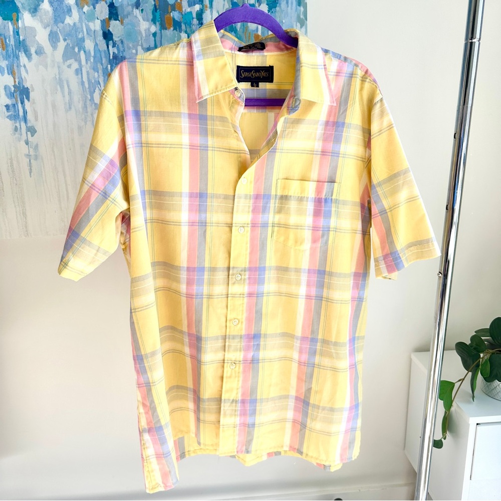 Vintage Serge Saint Yves Yellow & Pink Plaid Short Sleeve Button Up (L)